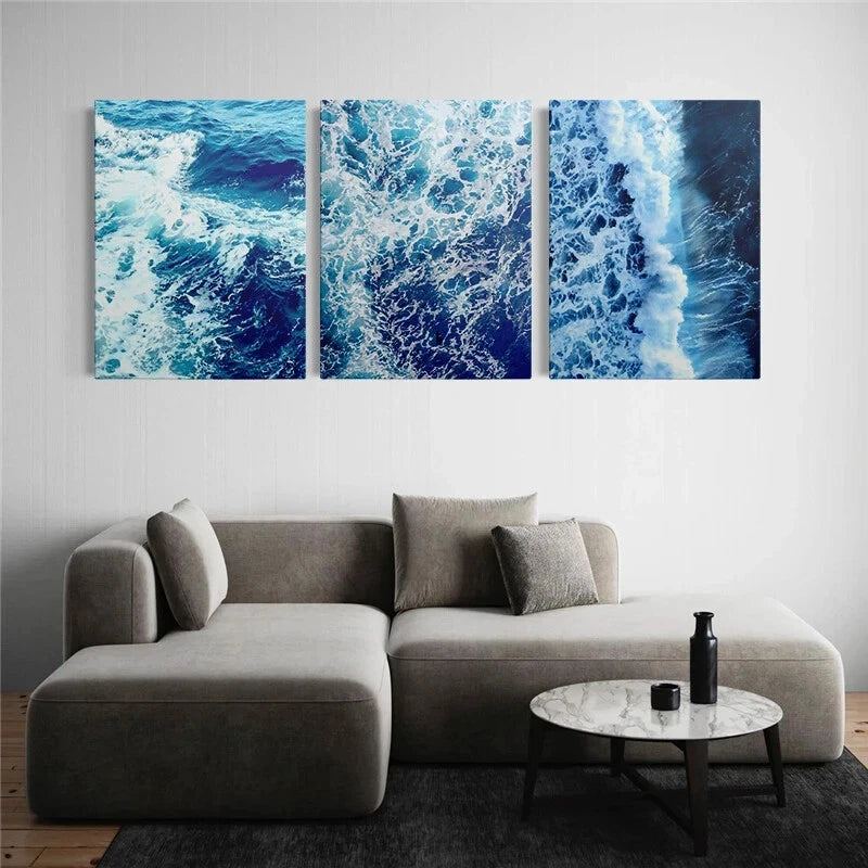 3pcs Blue Sea and Seaside Scenery Metal Print Ready to Hang Art