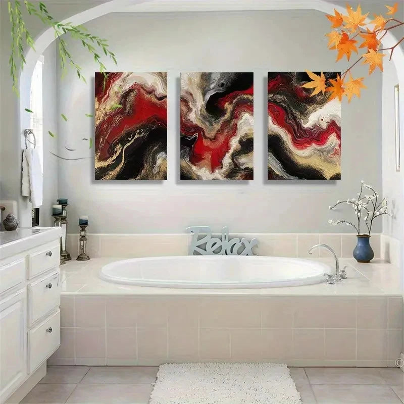 3pcs Abstract Fluid Ink Red Black Golden Swirl Metal Print Ready to Hang Art