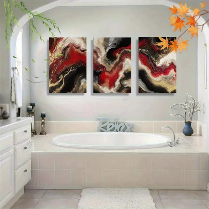 3pcs Abstract Fluid Ink Red Black Golden Swirl Metal Print Ready to Hang Art