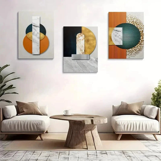 3pcs Golden White and Teal Geometric Design Wall Art Set Canvas Framed 40x60cm - High Quality Print 100% Australian Made Wall Canvas Ready to Hang