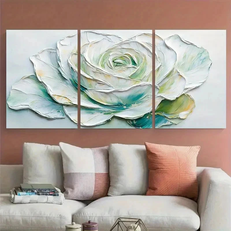 3pcs White Rose Floral Textured illustration Metal Print Ready to Hang Art