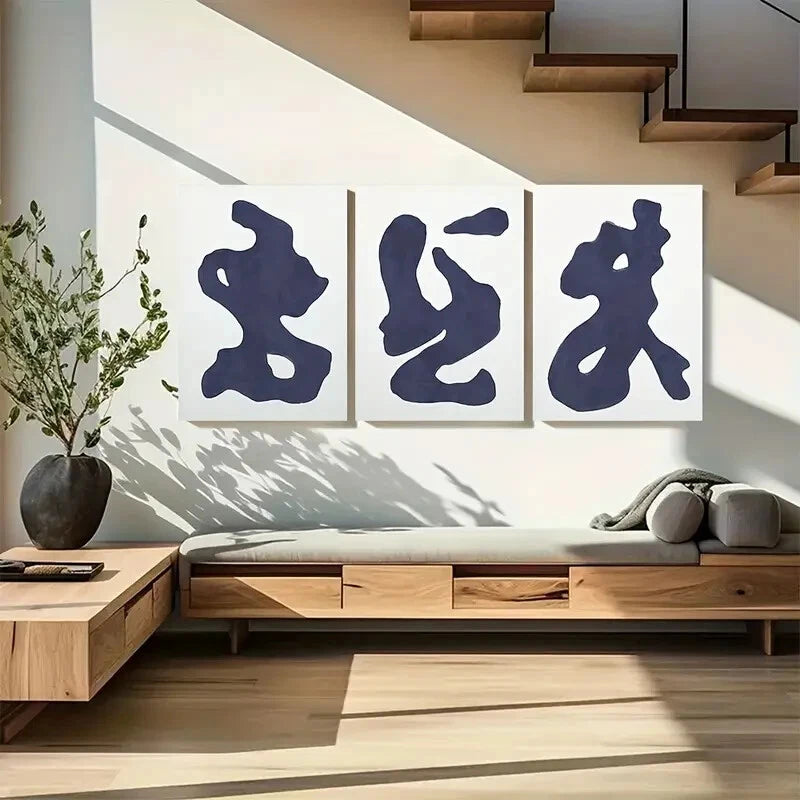 3pcs Abstract Navy Blue Modern Shapes Metal Print Ready to Hang Art