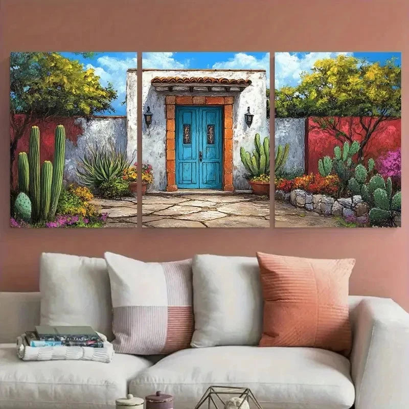 3pcs Colorful Mexican House Courtyard Design Metal Print Ready to Hang Art