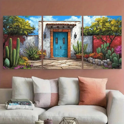 3pcs Colorful Mexican House Courtyard Design Metal Print Ready to Hang Art
