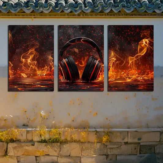 3pcs Hard style music Headphone in Fire Design Metal Print Ready to Hang Art