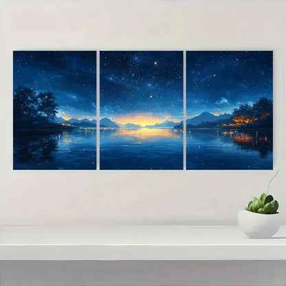 3pcs Dreamy Firefly Lit Lake Night Sky Scene Metal Print Ready to Hang Art