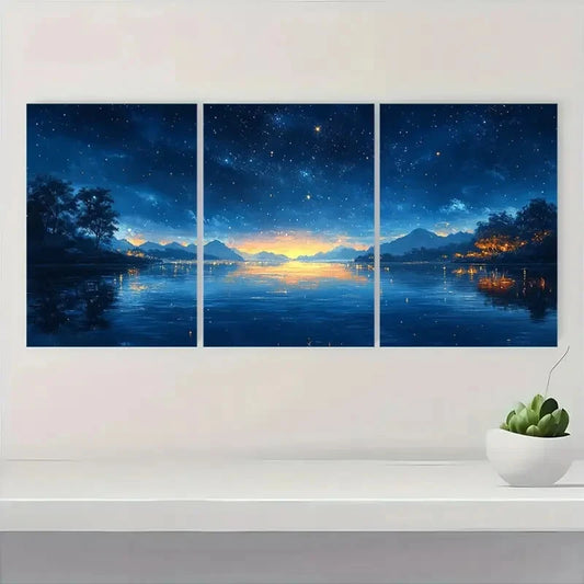 3pcs Dreamy Firefly Lit Lake Night Sky Scene Metal Print Ready to Hang Art