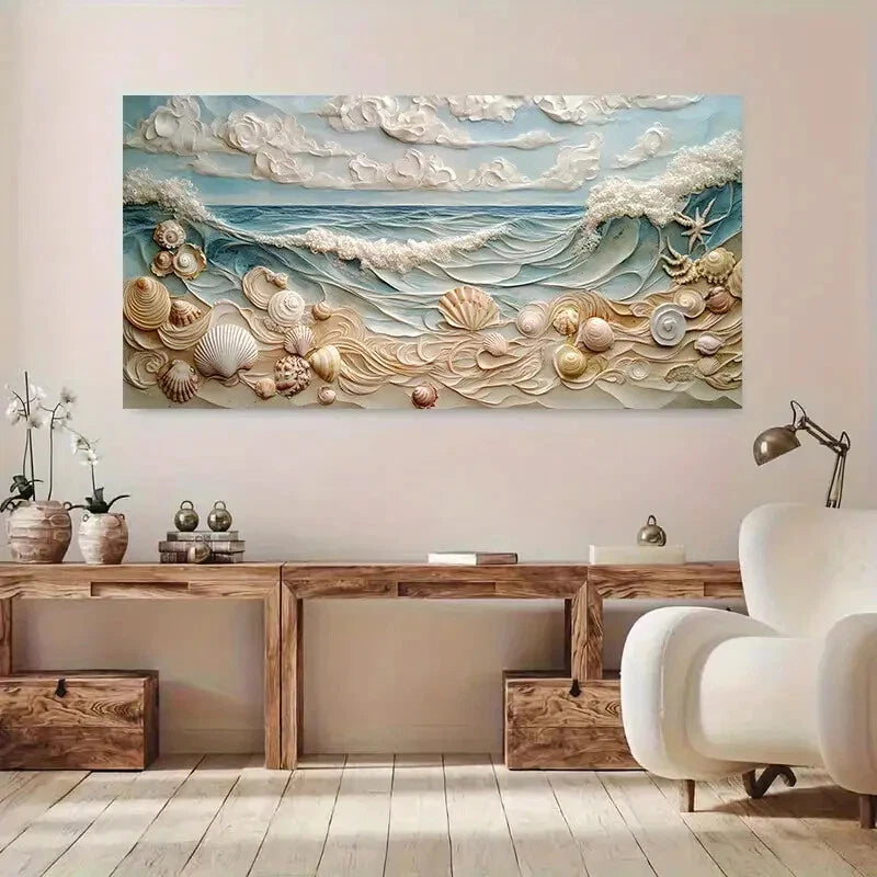 Ocean Waves with Seashells wall canvas office home room framed 120x60cm - Bella Home Decor