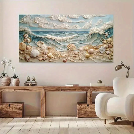 Ocean Waves with Seashells wall canvas office home room framed 120x60cm - Bella Home Decor