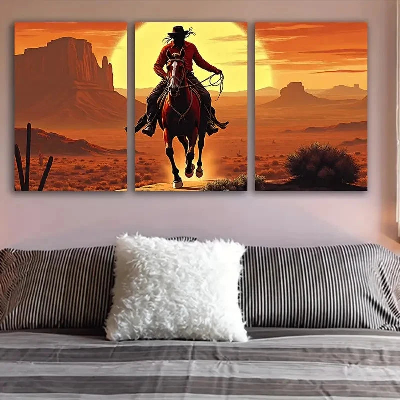 3pcs Cowboy Riding Horse In Desert Wall Art Set Canvas Framed 50x70cm - High Quality Print 100% Australian Made Wall Canvas Ready to Hang