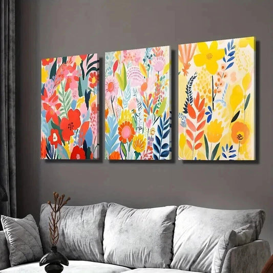 3pcs Colorful Botanical Flowers and Leaves Wall Art Set Canvas Framed 50x70cm - High Quality Print 100% Australian Made Wall Canvas Ready to Hang