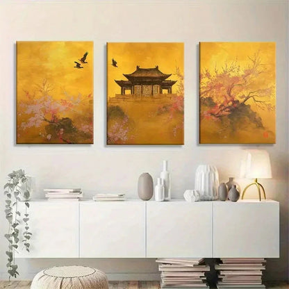 3pcs Oriental Architecture Blooming Cherry Blossom Metal Print Ready to Hang Art