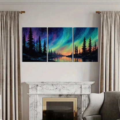 3pcs Starry Sky Northern Lights Forest Silhouette Metal Print Ready to Hang Art