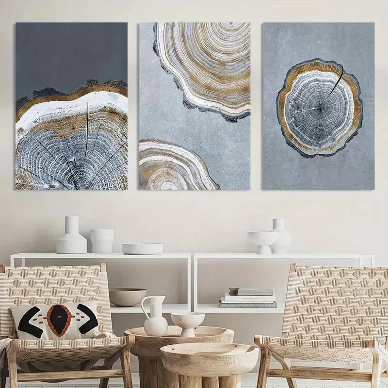 3pcs Vintage Tree Stump Blue & Golden Abstract Metal Print Ready to Hang Art