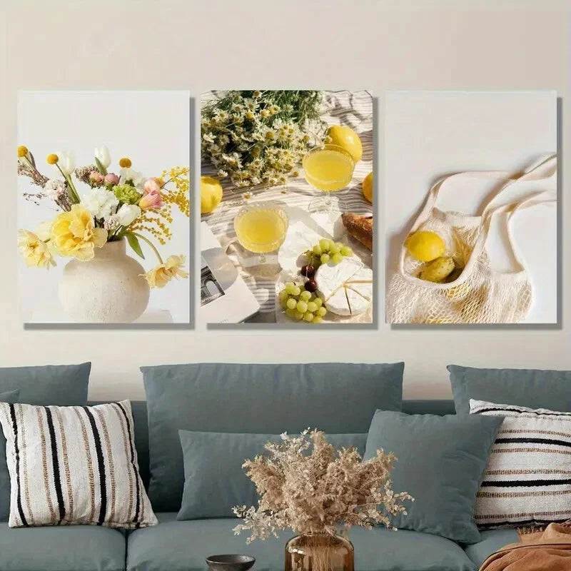 3pcs Picnic Delicacies Lemon Grape Art Paintings Metal Print Ready to Hang Art