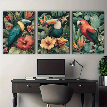 3pcs Tropical Birds in Floral Nature Scenery Wall Art Set Canvas Framed 50x70cm - High Quality Print 100% Australian Made Wall Canvas Ready to Hang