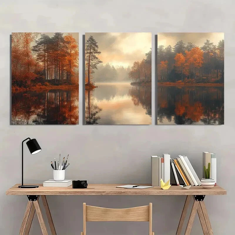 3pcs Autumn Woodland Landscape Nature Art Metal Print Ready to Hang Art