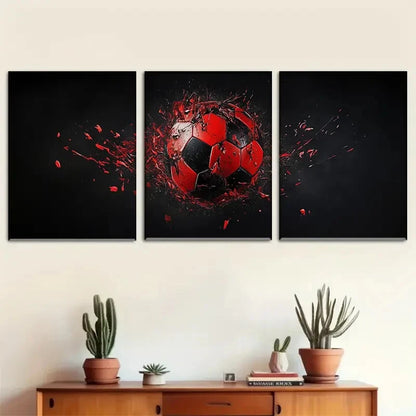 3pcs Soccer Vivid Red & Black Splash Design Metal Print Ready to Hang Art