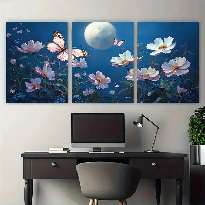 3pcs Moonlit Garden with Flowers Butterflies Metal Print Ready to Hang Art
