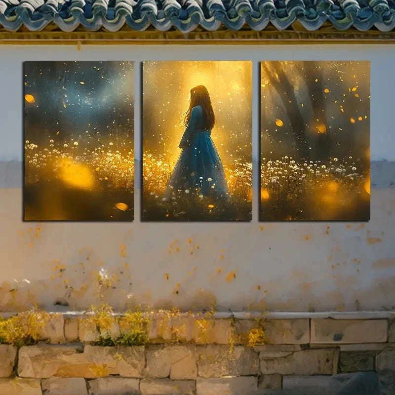 3pcs Vibrant Moonlit Girl in Flower Field Metal Print Ready to Hang Art