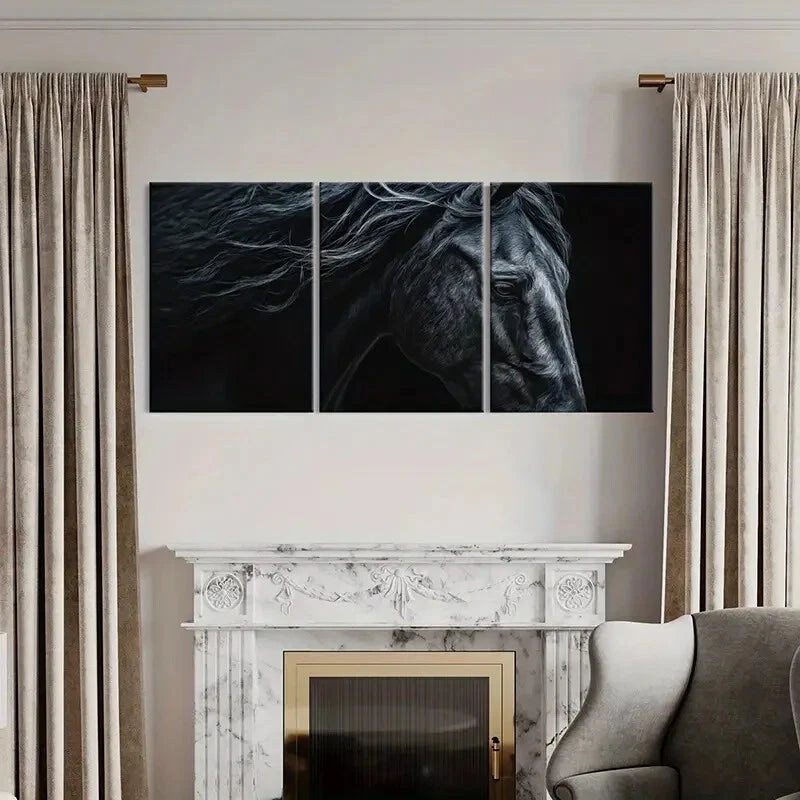 3pcs Black Horse Art Detailed Mane Expressive Eyes Metal Print Ready to Hang Art