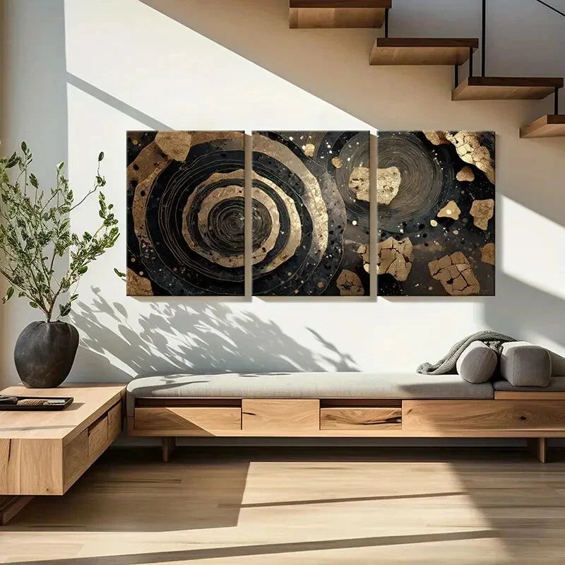 3pcs Elegant Abstract Golden & Black Spiral Metal Print Ready to Hang Art
