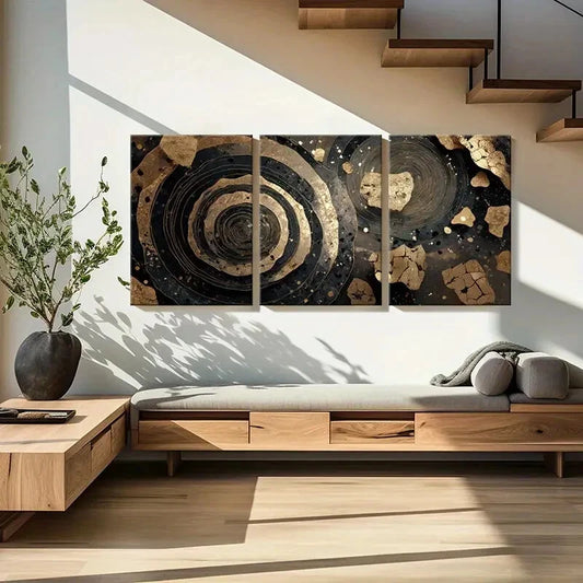 3pcs Elegant Abstract Golden & Black Spiral Metal Print Ready to Hang Art