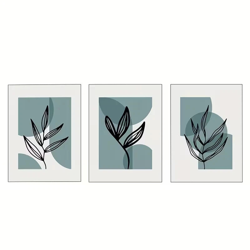 3pcs Leaf Plant Line Blue and Gray Wall Art Set Canvas Framed 40x60cm - High Quality Print 100% Australian Made Wall Canvas Ready to Hang