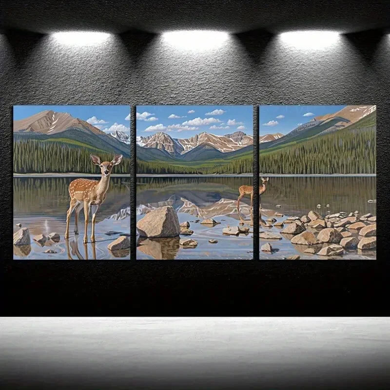3pcs Animals by Calm Lake with Mountain View Metal Print Ready to Hang Art
