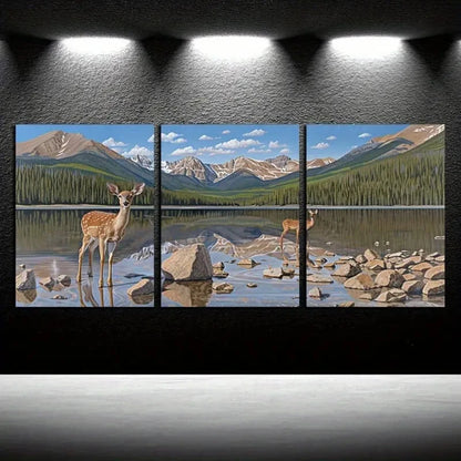 3pcs Animals by Calm Lake with Mountain View Metal Print Ready to Hang Art
