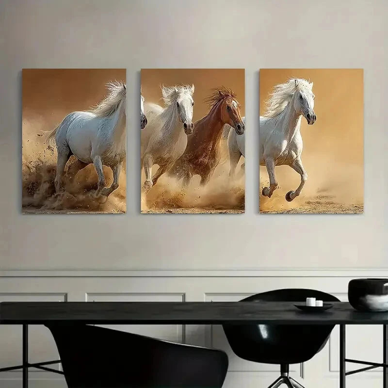 3pcs Beach Racing Scene Galloping Horses Metal Print Ready to Hang Art