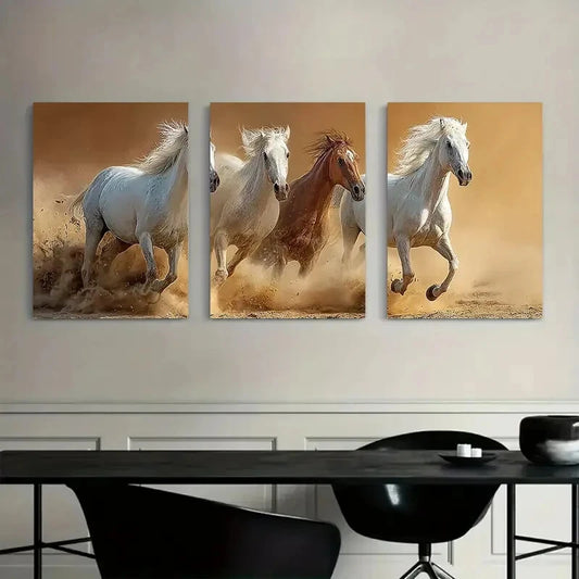 3pcs Beach Racing Scene Galloping Horses Metal Print Ready to Hang Art