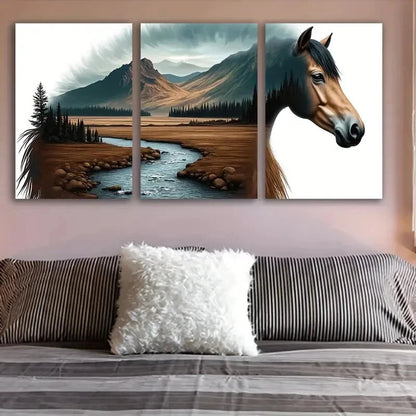 3pcs Horse Standing Indoors Scene Wall Art Set Canvas Framed 60x90cm - High Quality Print 100% Australian Made Wall Canvas Ready to Hang