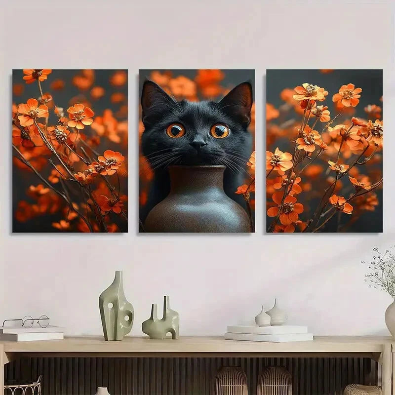 3pcs Funny Black Cat Vase Mishap Illustration Metal Print Ready to Hang Art