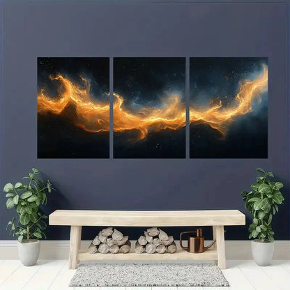 3pcs Abstract Geometric Black & Golden Smoke Wave Metal Print Ready to Hang Art