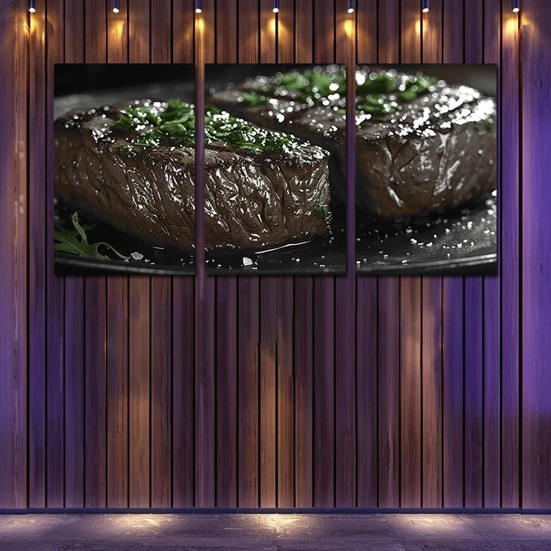 3pcs Cooked Beef Steak served with Fresh Herbs Metal Print Ready to Hang Art