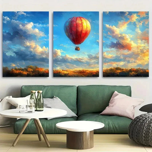 3pcs Vibrant Hot Air Balloon with Sky View Metal Print Ready to Hang Art