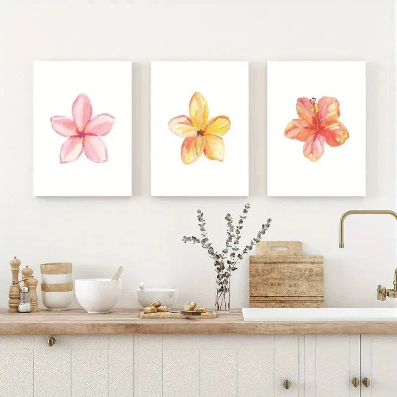 3pcs Tropical Flowers Wall Art Set Watercolor Metal Print Ready to Hang Art