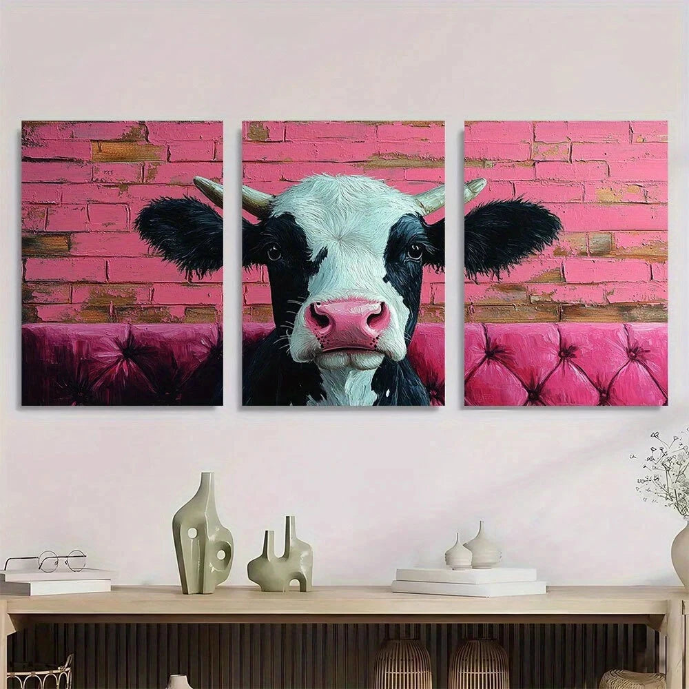 3pcs Whimsical Black & White Cow Pink Velvet Metal Print Ready to Hang Art