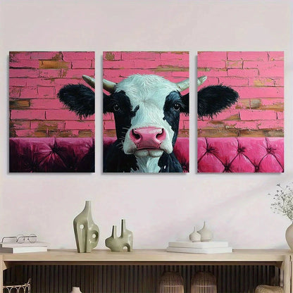 3pcs Whimsical Black & White Cow Pink Velvet Metal Print Ready to Hang Art