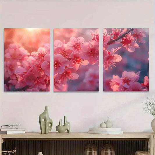 3pcs Cherry Blossom Triptych Pink Floral Metal Print Ready to Hang Art