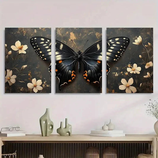 3pcs Painting Black Butterfly White Flowers Metal Print Ready to Hang Art