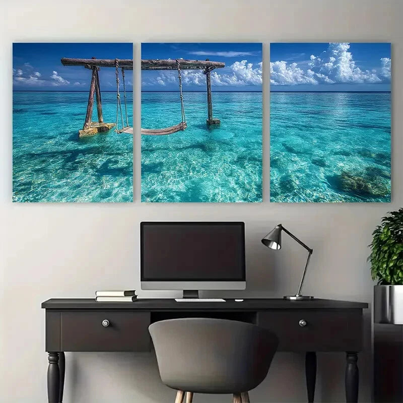 3pcs Crystal Clear Turquoise Blue Seascape Metal Print Ready to Hang Art