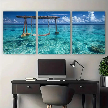 3pcs Crystal Clear Turquoise Blue Seascape Metal Print Ready to Hang Art