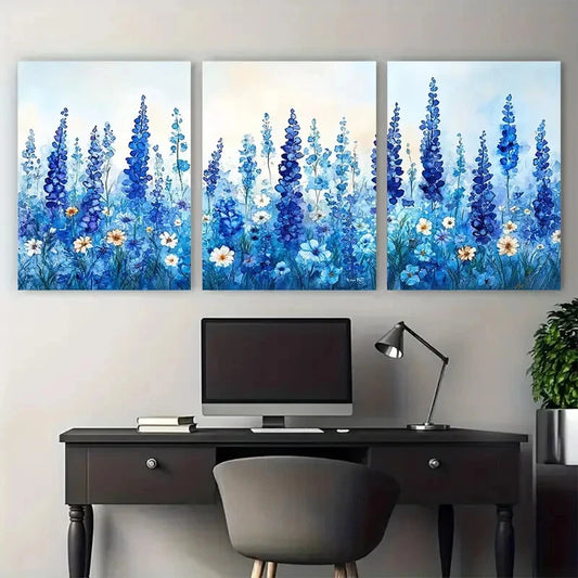 3pcs Blue Abstract Watercolor Floral Meadow Metal Print Ready to Hang Art