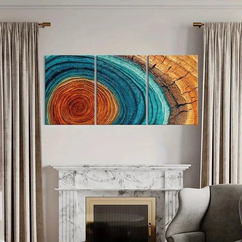 3pcs Teal Orange Brown Layers Textured Wooden Metal Print Ready to Hang Art