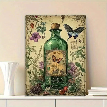 Green Glass Bottle with a Herbarium, Herbs And Dried 40x60cm Metal Print Ready to Hang