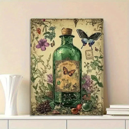 Green Glass Bottle with a Herbarium, Herbs And Dried 40x60cm Metal Print Ready to Hang