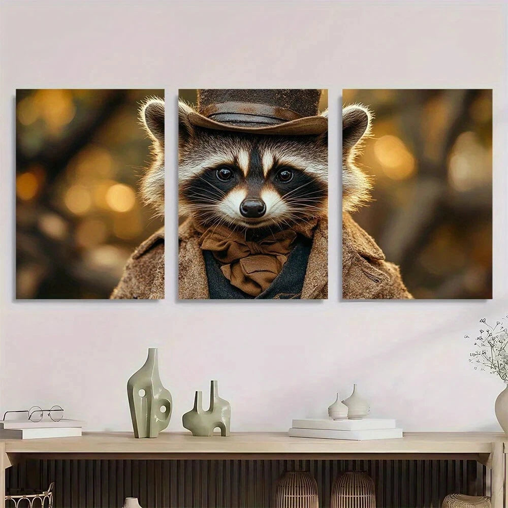 3pcs Vintage Gentleman Raccoon Modern Style Metal Print Ready to Hang Art