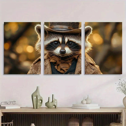 3pcs Vintage Gentleman Raccoon Modern Style Metal Print Ready to Hang Art